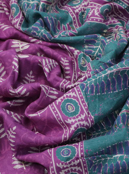 Muslin silk saree purple and green with allover dabu prints & pita work and ajrakh printed border