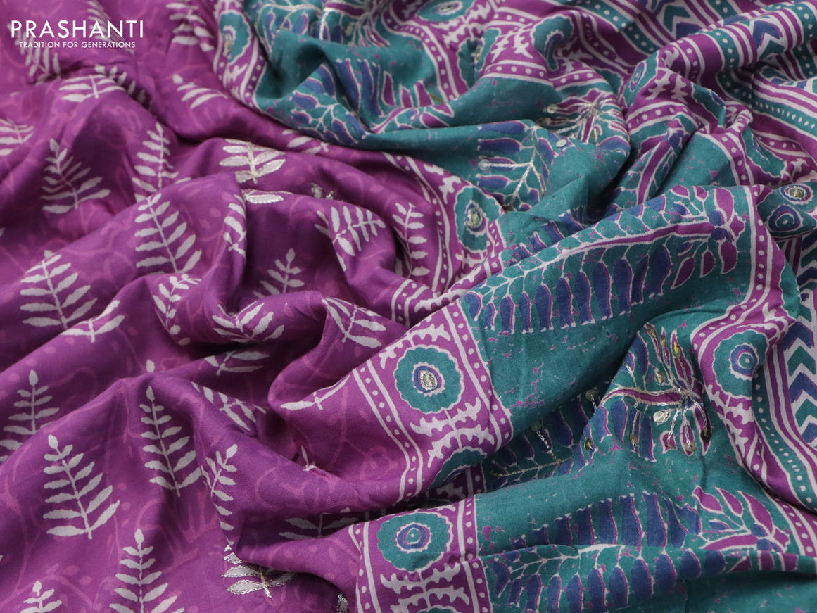 Muslin silk saree purple and green with allover dabu prints & pita work and ajrakh printed border