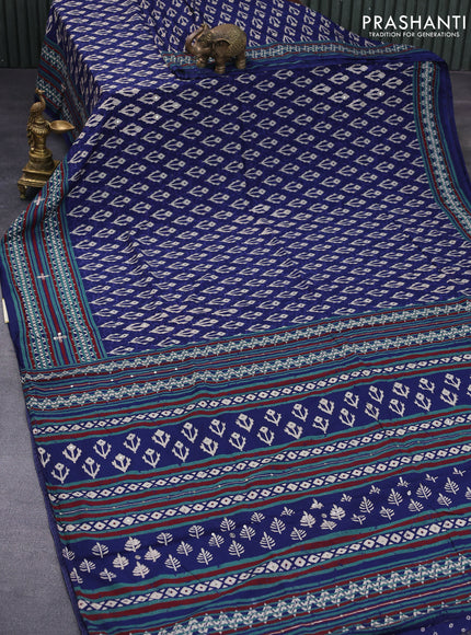 Muslin silk saree blue and green with allover dabu prints & pita work and ajrakh printed border