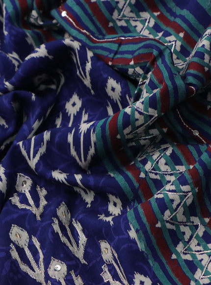 Muslin silk saree blue and green with allover dabu prints & pita work and ajrakh printed border