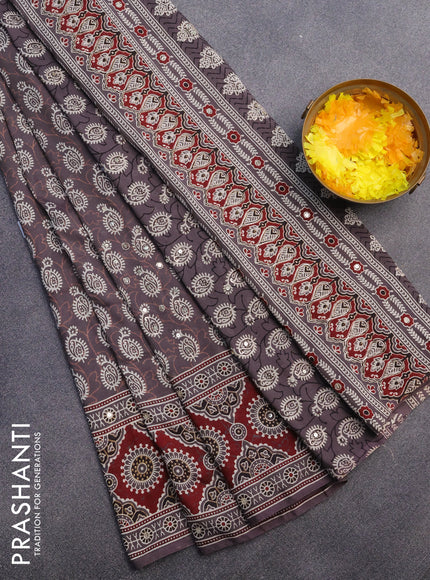 Muslin silk saree grey shade and maroon with allover dabu prints & pita work and ajrakh printed border