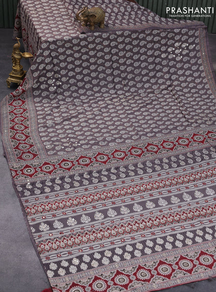 Muslin silk saree grey shade and maroon with allover dabu prints & pita work and ajrakh printed border