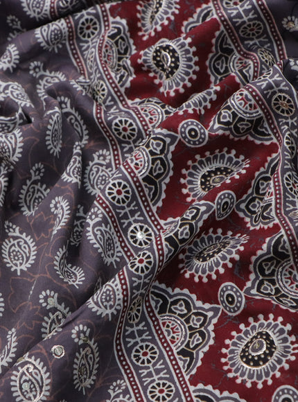 Muslin silk saree grey shade and maroon with allover dabu prints & pita work and ajrakh printed border