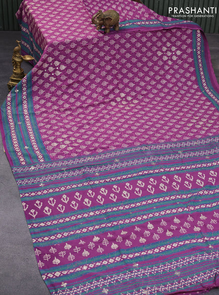 Muslin silk saree purple with allover butta prints & pita work and batik printed border