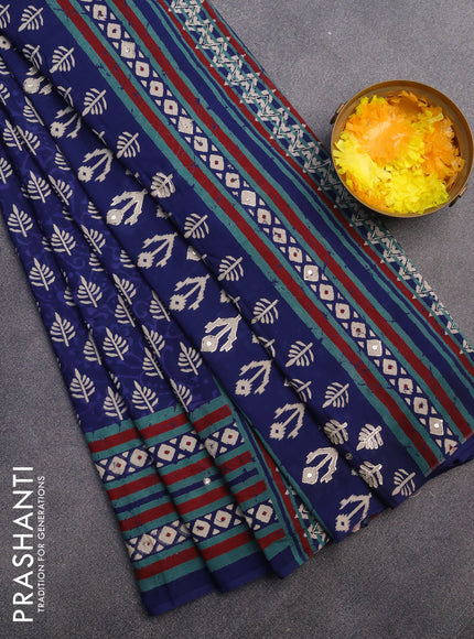 Muslin silk saree blue with allover butta prints & pita work and batik printed border