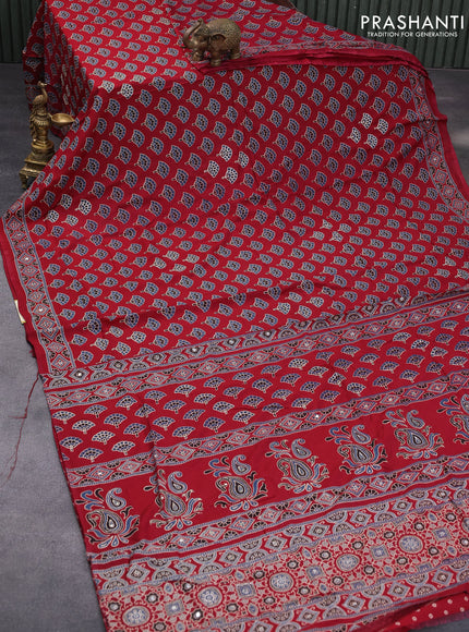 Muslin silk saree maroon and blue with allover butta prints & pita work and ajrakh printed border