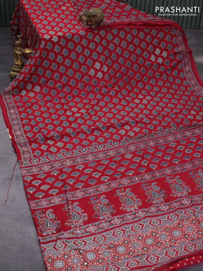 Muslin silk saree maroon and blue with allover butta prints & pita work and ajrakh printed border