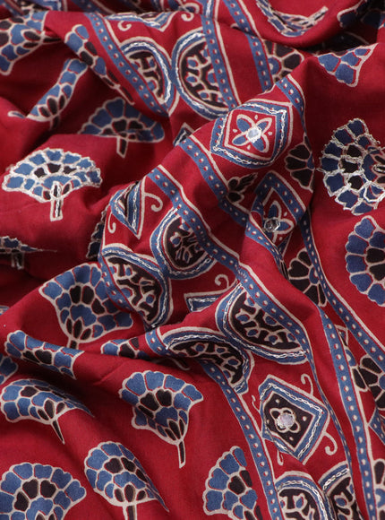 Muslin silk saree maroon and blue with allover butta prints & pita work and ajrakh printed border