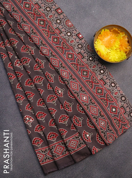 Muslin silk saree grey shade and maroon with allover butta prints & pita work and ajrakh printed border