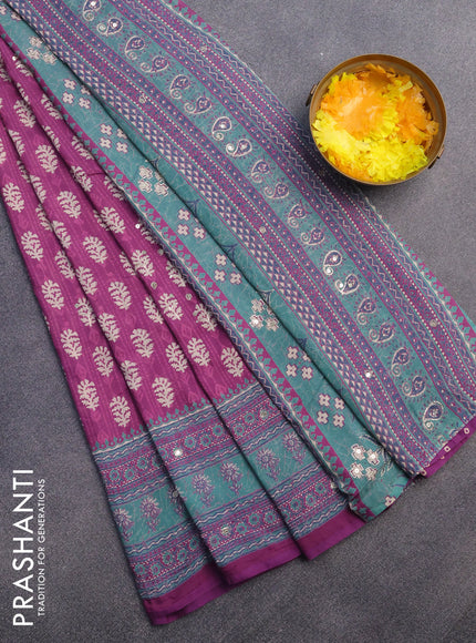 Muslin silk saree purple and green with allover dabu prints & pita work and ajrakh printed border