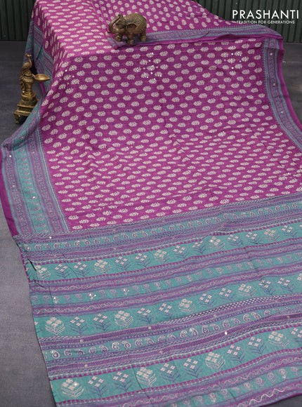 Muslin silk saree purple and green with allover dabu prints & pita work and ajrakh printed border