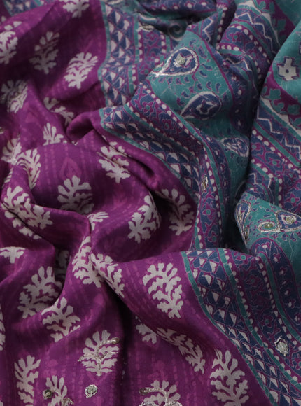 Muslin silk saree purple and green with allover dabu prints & pita work and ajrakh printed border