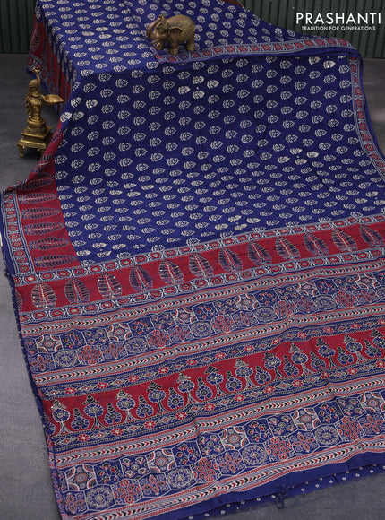 Muslin silk saree blue and maroon with allover dabu prints & pita work and ajrakh printed border