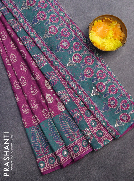 Muslin silk saree purple and green with allover dabu prints & pita work and ajrakh printed border