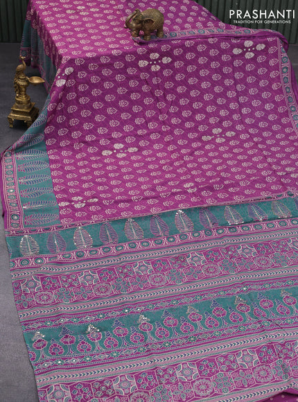 Muslin silk saree purple and green with allover dabu prints & pita work and ajrakh printed border