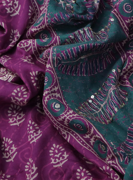 Muslin silk saree purple and green with allover dabu prints & pita work and ajrakh printed border