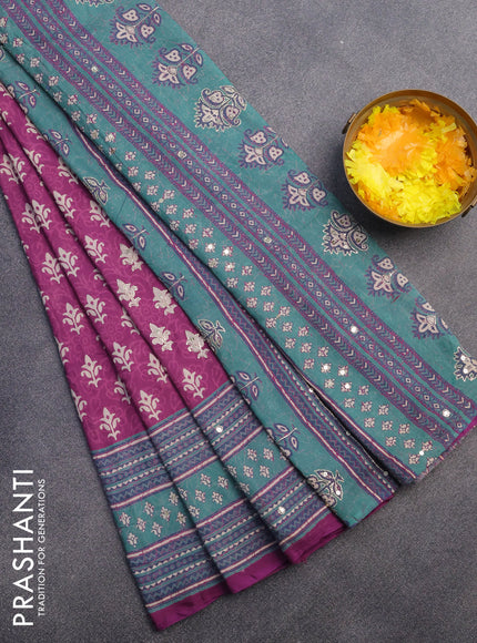 Muslin silk saree purple and green with allover dabu prints & pita work and ajrakh printed border