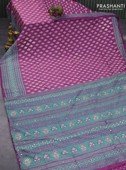 Muslin silk saree purple and green with allover dabu prints & pita work and ajrakh printed border