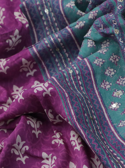 Muslin silk saree purple and green with allover dabu prints & pita work and ajrakh printed border