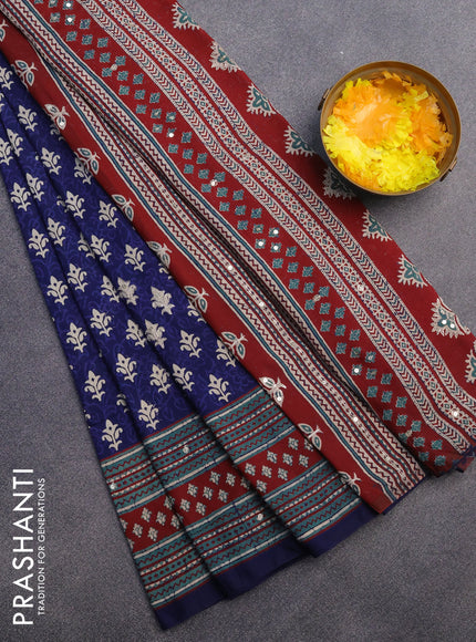 Muslin silk saree blue and maroon with allover dabu prints & pita work and ajrakh printed border