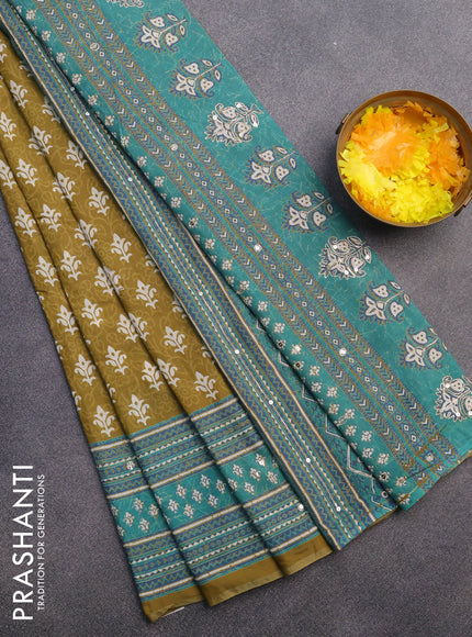 Muslin silk saree mehendi green and green with allover dabu prints & pita work and ajrakh printed border