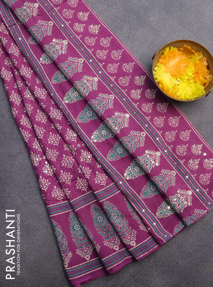 Muslin silk saree purple with allover dabu prints & pita work and ajrakh printed border