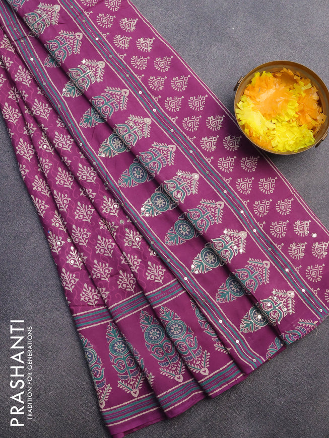 Muslin silk saree purple with allover dabu prints & pita work and ajrakh printed border