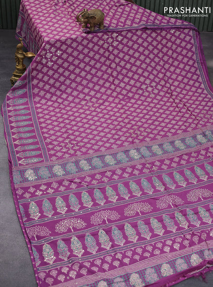 Muslin silk saree purple with allover dabu prints & pita work and ajrakh printed border