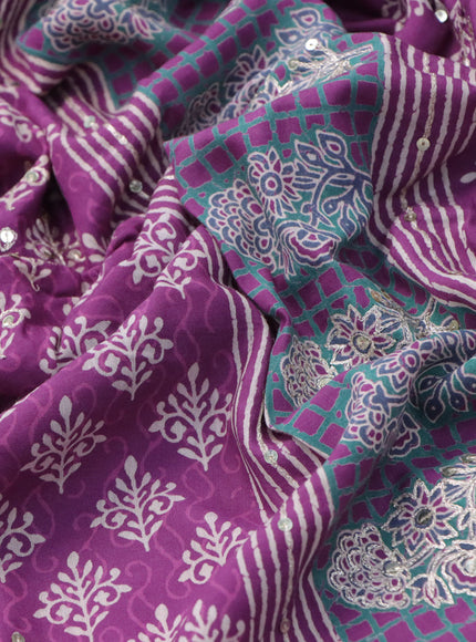 Muslin silk saree purple with allover dabu prints & pita work and ajrakh printed border