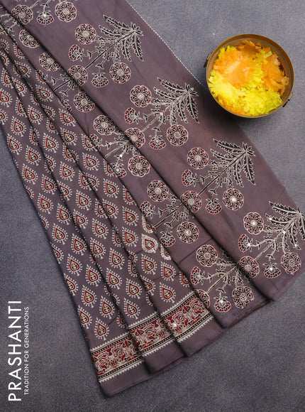 Muslin silk saree grey shade with allover butta prints & pita work and ajrakh printed border