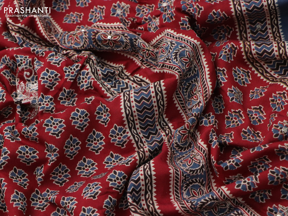 Muslin silk saree maroon with allover butta prints & pita work and ajrakh printed border