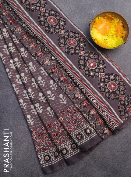 Muslin silk saree grey with allover dabu prints & pita work and ajrakh printed border