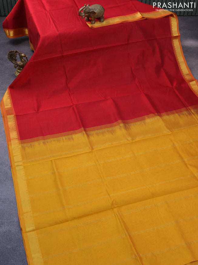 Silk cotton saree kumkum red and mustrad yellow with plain body and zari woven border