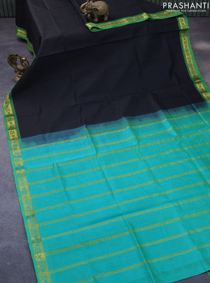 Silk cotton saree black and dual shade of teal bluish green with plain body and zari woven border