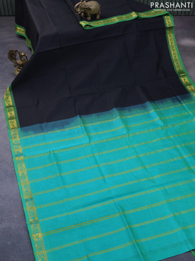 Silk cotton saree black and dual shade of teal bluish green with plain body and zari woven border