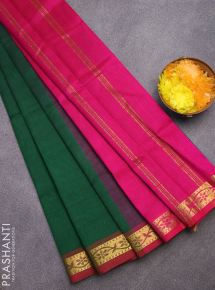 Silk cotton saree green and pink with plain body and zari woven border