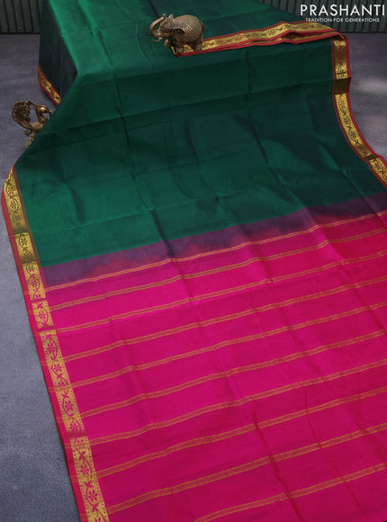 Silk cotton saree green and pink with plain body and zari woven border