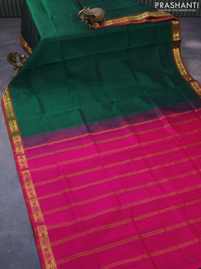 Silk cotton saree green and pink with plain body and zari woven border