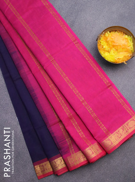 Silk cotton saree navy blue and pink with plain body and zari woven border