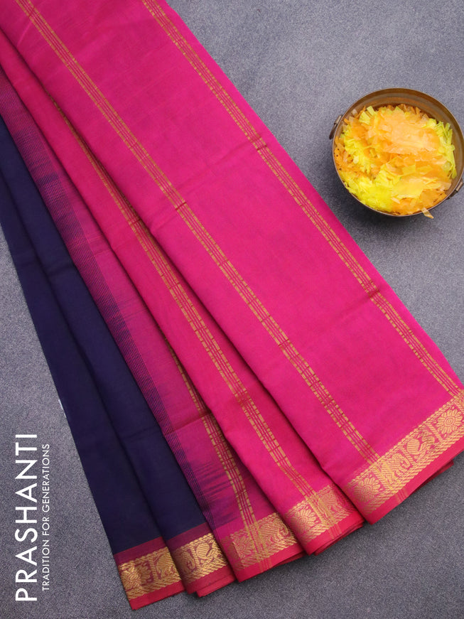 Silk cotton saree navy blue and pink with plain body and zari woven border