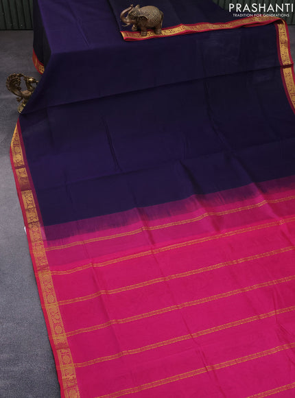 Silk cotton saree navy blue and pink with plain body and zari woven border