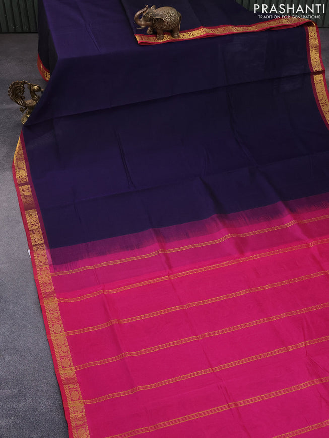 Silk cotton saree navy blue and pink with plain body and zari woven border