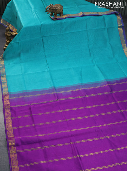 Silk cotton saree teal blue and violet with plain body and floral & paisley zari woven border