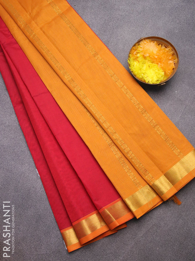 Silk cotton saree maroon and mustard yellow with plain body and zari woven border