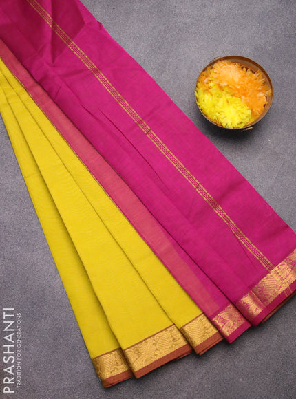 Silk cotton saree lime yellow and magenta pink with plain body and annam zari woven border