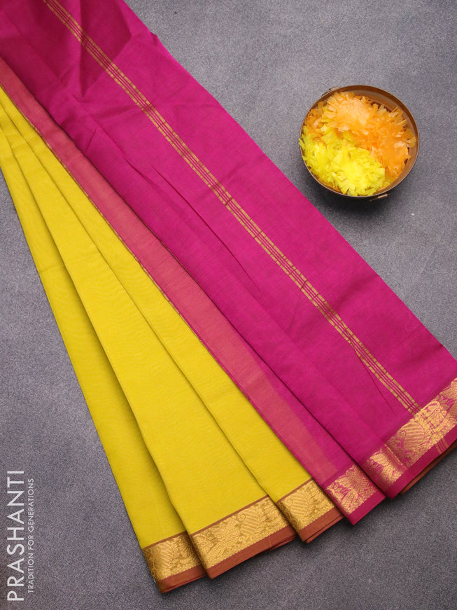 Silk cotton saree lime yellow and magenta pink with plain body and annam zari woven border