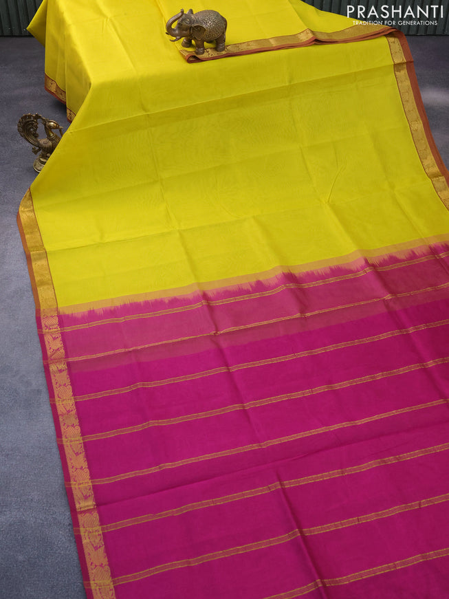 Silk cotton saree lime yellow and magenta pink with plain body and annam zari woven border