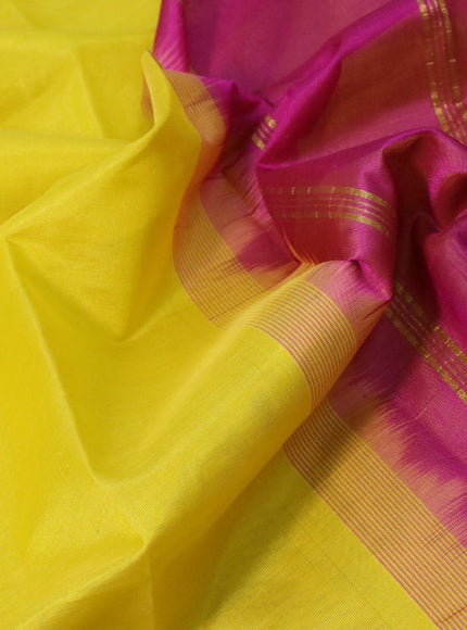 Silk cotton saree lime yellow and magenta pink with plain body and annam zari woven border