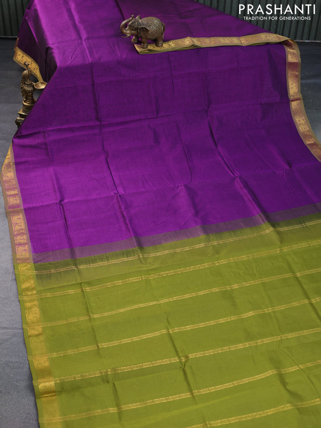 Silk cotton saree purple and mehendi green with plain body and annam zari woven border