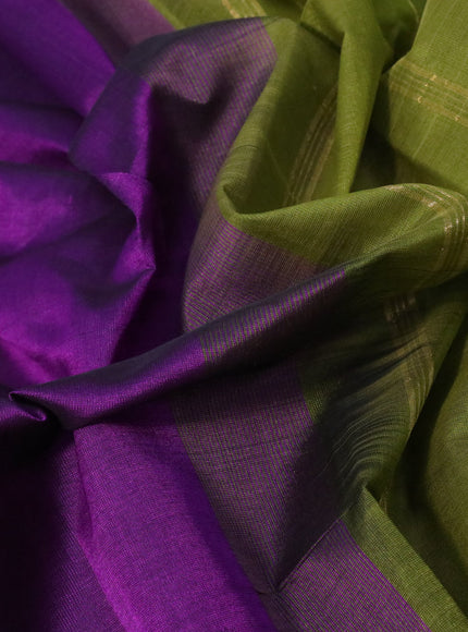 Silk cotton saree purple and mehendi green with plain body and annam zari woven border